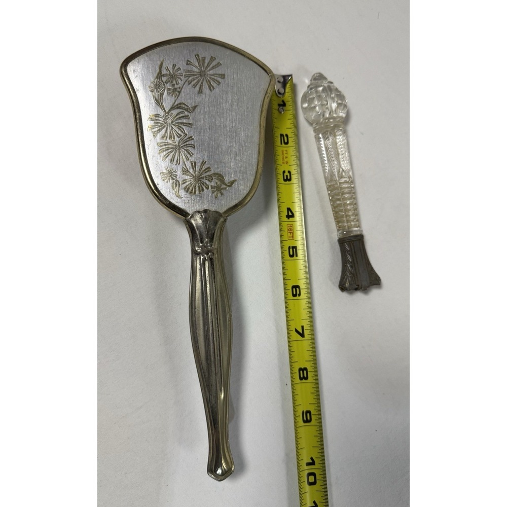 Vintage Silver Tone Hairbrush With Glass Mirror Handle